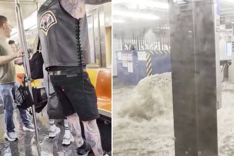 Hochwasser läuft in fahrende New Yorker U-Bahn